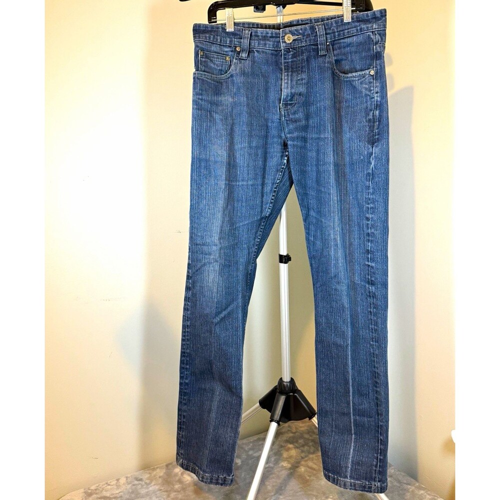 DSTLD Men’s Blue Denim Jeans Straight Fit Mid Rise Medium Wash Stretch 5-Pocket